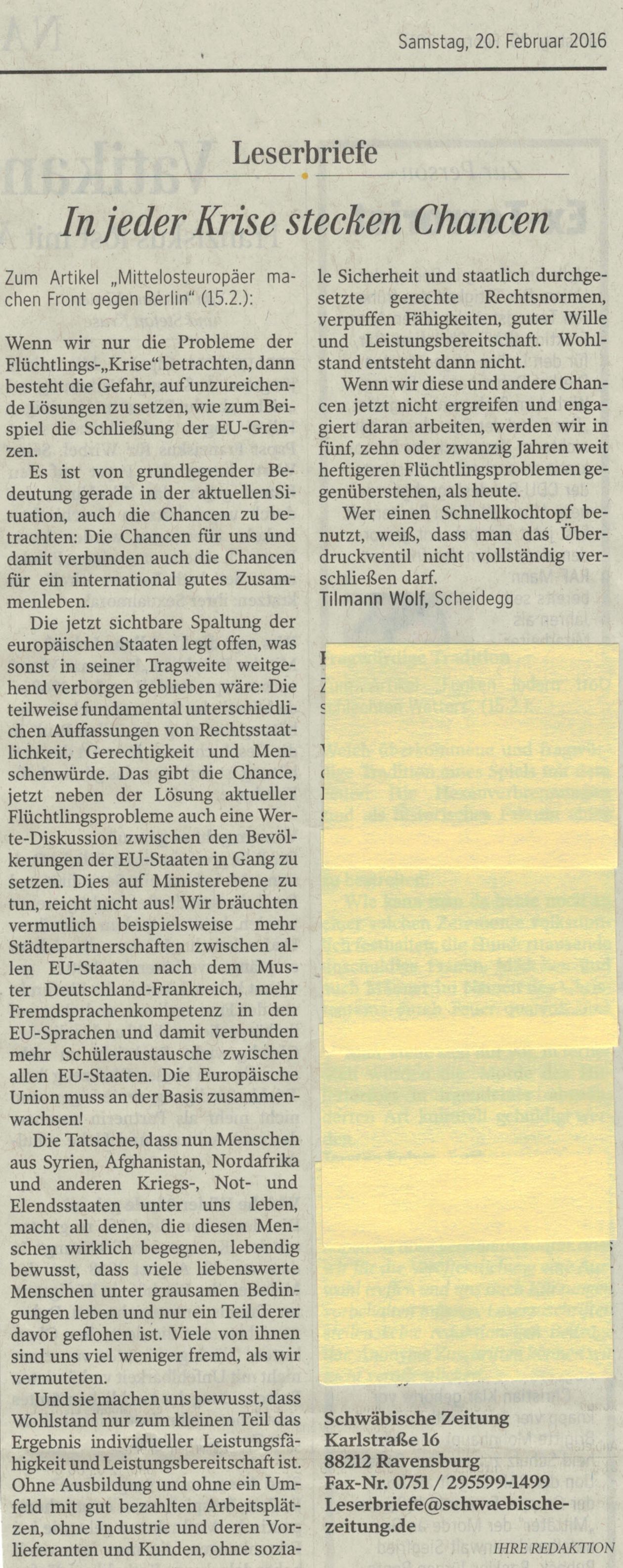 Schwäbische Zeitung - Leserbrief